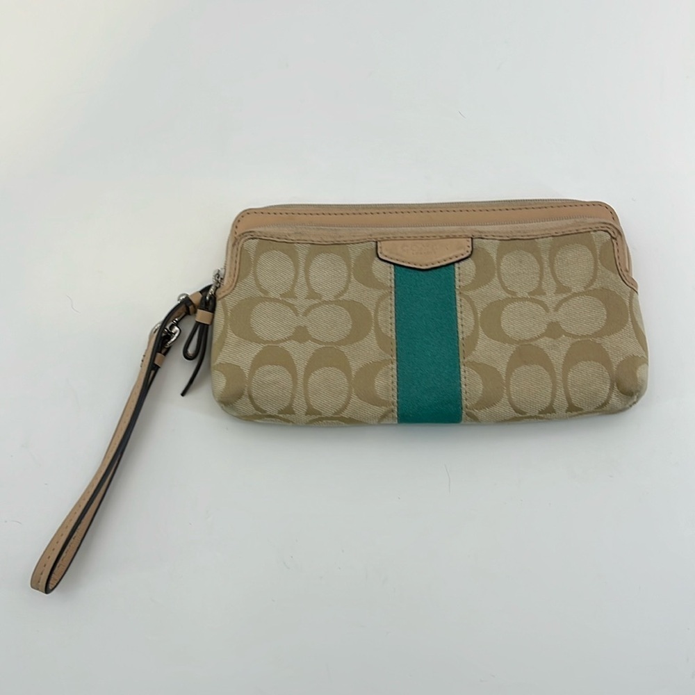 Vintage Cream & Tan Coach Signature Stripe Wristlet Wallet w/ Jade Green Stripe
